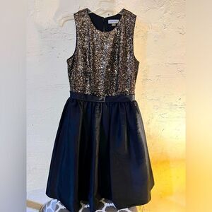 CALVIN KLEIN holiday wear classic blk dress w/gold sequins,tulle/satin lining s4